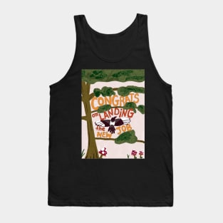 Congrats on Landing the New Job with flying magpie jackdaw raven bird and fly agaric mushrooms - green, yellow Tank Top